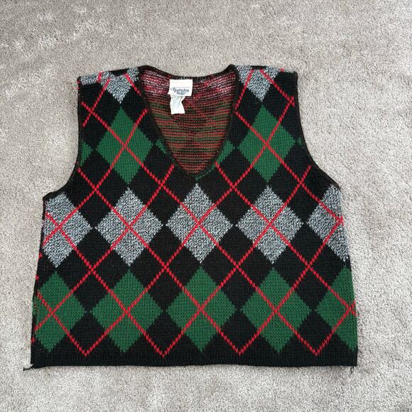 Vintage Argyle Sweater Vest Size L Black Green Huntington Ridge Preppy Academia - Picture 1 of 4